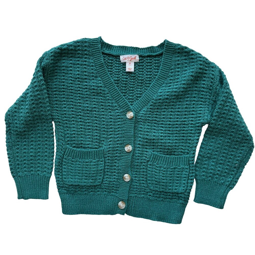 Cat & Jack Teal Button-Up Cardigan Sweater w/ Pockets Girls Toddler Size 2T NWOT